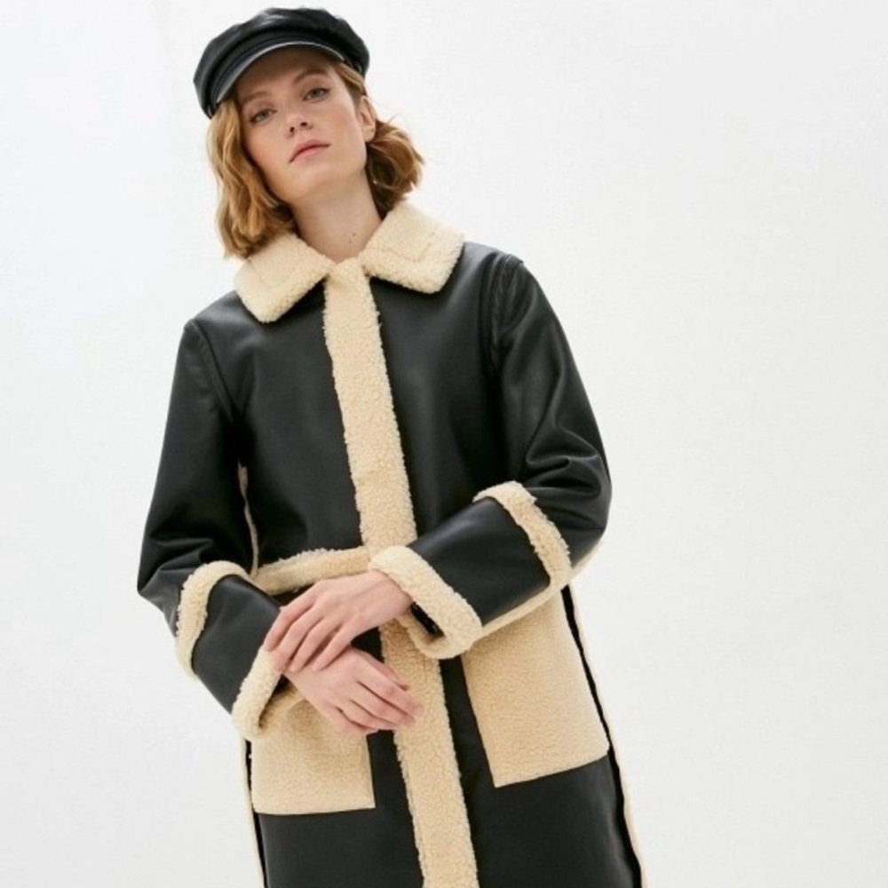 Topshop Black Faux Leather and Tan Shearling Coat